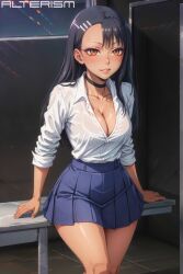 1girls ai_generated alterism big_breasts black_hair breasts brown_eyes choker classroom cleavage clothed clothing collared_shirt curvy female female_focus female_only hair_ornament hayase_nagatoro hi_res highres hourglass_figure large_breasts long_hair miniskirt please_don't_bully_me,_nagatoro pleated_skirt revealing_clothes school_uniform simple_background sole_female solo stable_diffusion tan tan-skinned_female tan_body tan_skin tanned tanned_female thick_thighs wide_hips