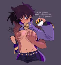 1boy1girl blush breast_grab breasts ear_piercing exposed_breasts ghost_trainer_(mxntylewds) glasses groping_breasts groping_from_behind messy_hair mxntylewds original_character pokeball pokemon purple_eyes