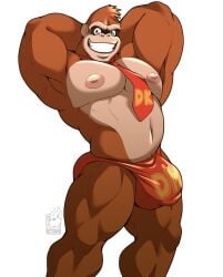 2023 anthro anthro_only ape arms_behind_head bara barely_clothed belly_button big_nipples brown_fur bulge bulge_through_clothing clothing digital_drawing_(artwork) digital_media_(artwork) donkey_kong donkey_kong_(series) english_text feet_out_of_frame flexing front_view fur furry furry_only gay grin grinning grinning_at_viewer hair looking_at_viewer male_only mammal mostly_nude muscular muscular_anthro muscular_arms muscular_legs muscular_male navel nelldemon nipples orange_eyes pink_nipples primate red_tie signature simple_background smile smiling smiling_at_viewer solo solo_male standing teeth text thong thong_only tie underwear underwear_only watermark white_background