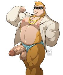 1boy 2023 anthro anthro_only ape arm_behind_back artist_logo artist_name balls ballsack bara barazoku barely_clothed beefy belly_button big_balls big_nipples big_penis blue_thong blue_underwear body_fur bouncer_kong chains digital_drawing_(artwork) digital_media_(artwork) donkey_kong_(series) erection exposed feet_out_of_frame flexing flexing_arms flexing_bicep foreskin foreskin_folds front_view furry furry_only genitals gold_chain humanoid_genitalia humanoid_penis intact jacket jewelry kong_guard_(tsmbm) looking_at_viewer male_nipples male_only mammal mostly_nude musclegut muscular_anthro muscular_arms muscular_legs muscular_male navel nelldemon ochre_fur pecs penis penis_out penis_through_leghole pink_nipples primate retracted_foreskin scrotum shirt simple_background standing sunglasses testicles thick_penis thong thong_aside thong_only topwear uncut underwear underwear_aside veiny_penis white_background white_jacket