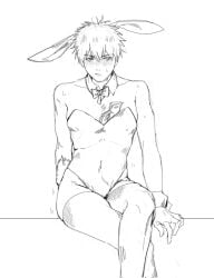 blush bowtie bunny_boy bunny_ears bunnysuit buyaozaoqi crossdressing detached_collar dollar_bills embarrassed gintama hijikata_toshiro male male_only male_playboy_bunny money money_under_clothes monochrome sitting sketch solo sweat sweatdrop thighhighs