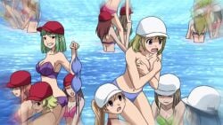 00s 2000s 2008 bikini covering covering_breasts embarrassed_nude_female enf female female_only hands_on_breasts holding_bikini_top official_art red_hat rosario+vampire screenshot stolen_bikini stolen_swimsuit white_hat