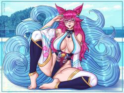 9_tails ahri beach blue_eyes facial_markings feet fox fox_ears fox_girl fox_tail league_of_legends muscular muscular_female nine_tailed_fox niramoli pink_hair spirit_blossom_ahri spirit_blossom_series swimsuit vastaya