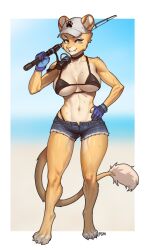 1girls 2023 2d 2d_(artwork) anthro anthro_only anthrofied baseball_cap big_breasts big_thighs black_bikini black_panties blue_gloves booty_shorts breasts busty cleavage female female female_focus female_only fishing_rod fit_female furry furry_female furry_only furry_tail gloves green_eyes hat hi_res highres hips hourglass_figure jean_shorts large_breasts large_thighs original original_character schewiener smile smiling solo solo_female solo_focus tail tail_tuft thick_thighs thighs tomboy toned toned_female toned_stomach wide_hips