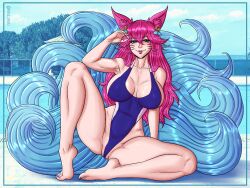 9_tails ahri alternate_costume beach blue_eyes boobs breasts facial_markings feet fox fox_ears fox_girl fox_tail high_cut_swimsuit league_of_legends legs muscular muscular_female nine_tailed_fox niramoli pink_hair sitting spirit_blossom_ahri spirit_blossom_series swimsuit thighs tits vastaya