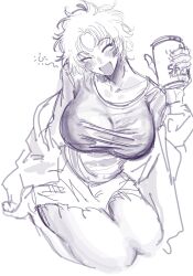 alcohol beer beer_can big_breasts blush closed_eyes drunk female female_only fully_clothed genderswap_(mtf) gintama messy_hair mesyameshi monochrome rough_sketch rule_63 sakamoto_tatsuma short_hair shorts sitting sketch smile thick_thighs tight_clothing very_short_hair