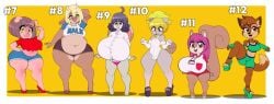 1boy 5girls anthro ass_vs_breasts big_ass big_breasts breasts bubble_butt bulge dongitos female femboy huge_ass huge_breasts male no_visible_genitalia penis_bulge thick_thighs toony wide_hips