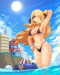 1girls alternate_costume alternate_version_available beach big_breasts bikini bikini_bottom bikini_top black_bikini black_eyes black_nail_polish black_nails blonde_hair breasts cleavage cynthia_(pokemon) female female_only flower flower_in_hair game_freak hair hair_ornament hair_over_one_eye hand_behind_head hand_on_hip hips huge_breasts itzah long_hair mature mature_female mature_woman micro_bikini nail_polish nails pixel_art pokemon pokemon_dppt smile solo solo_female swimwear topwear water