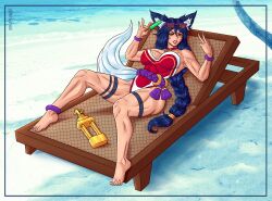 9_tails ahri beach black_hair facial_markings feet fox fox_ears fox_girl fox_tail league_of_legends muscular muscular_female nine_tailed_fox niramoli vastaya yellow_eyes