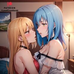 after_kiss ai_generated blue_hair blush breasts cleavage dominant dominant_female drool drool_string drooling drooling_on_partner drooling_tongue earrings embrace embracing embracing_another golden_eyes indoors kitagawa_marin lesbian_couple lesbian_kiss lewdcreationsai looking_at_another looking_at_each_other looking_at_partner looking_at_viewer panties red_eyes rimuru_tempest sloppy sloppy_kiss smirk smirking smirking_at_viewer sono_bisque_doll_wa_koi_wo_suru spit submissive submissive_female that_time_i_got_reincarnated_as_a_slime tongue yellow_eyes yuri yuri