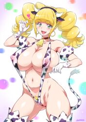 1girls :q big_breasts blonde_hair blush breasts covered_nipples cow_bikini cow_ears cow_girl cow_horns cow_print cow_tail cure_sparkle female green_eyes handwear headwear healin'_good_precure hiramitsu_hinata joy_ride large_breasts legwear nipple_piercing nipples nipples_visible_through_clothing partially_visible_vulva precure pretty_cure pubic_hair pubic_hair_peek sling_bikini solo stockings swimsuit tagme thighhighs thighs yellow_hair