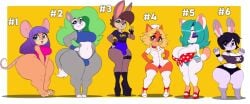 1boy 1futa 4girls anthro big_ass big_breasts breasts bubble_butt bulge dongitos female futanari huge_ass huge_breasts male no_visible_genitalia penis_bulge thick_thighs toony wide_hips