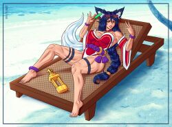 9_tails ahri beach black_hair facial_markings feet fox fox_ears fox_girl fox_tail league_of_legends muscular muscular_female nine_tailed_fox niramoli vastaya yellow_eyes