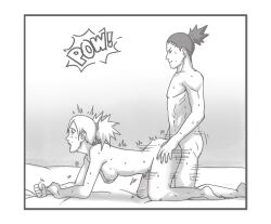 1boy 1girls all_fours bent_over breasts canon_couple couple doggy_style female full_body kneeling male moaning monochrome motion_lines nanxdaime nara_shikamaru naruto naruto:_the_last naruto_(series) nude sex side_view sideboob straight sweat temari uncensored