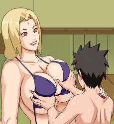 1boy 1girls age_difference alternate_breast_size big_breasts bikini bikini_top blonde_hair breast_grab breasts brown_hair cleavage female fondling fondling_breast grabbing groping groping_breasts huge_breasts large_breasts male naruto naruto_shippuden older_female older_woman_and_younger_boy pinkpawg sarutobi_konohamaru smile tsunade upper_body voluptuous