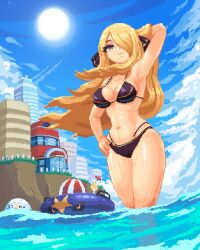 1girls alternate_version_available beach big_breasts bikini bikini_bottom bikini_top black_bikini black_eyes blonde_hair breasts cleavage cynthia_(pokemon) female female_only flower flower_in_hair game_freak hair hair_ornament hair_over_one_eye hand_behind_head hand_on_hip hips huge_breasts itzah long_hair mature mature_female mature_woman pixel_art pokemon pokemon_dppt smile solo solo_female swimwear topwear water