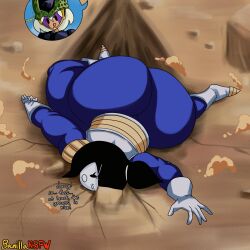 1boy 1girls alternate_version_available ass banillansfw black_hair clothed clothed_female defeated dragon_ball fat_ass female full_body huge_ass male on_floor one_eye_closed oops original original_characters vivia_(banillansfw)