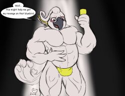 1boy abs anthro avian balls balls_in_speedo beak bird blue_sky_studios cacatua caseyljones clothing cockatoo comic_sans english_text genitals male male_only nigel_(rio) open_beak open_mouth parrot pecs rio_(series) solo speech_bubble speedo sulphur-crested_cockatoo swimwear text