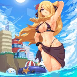 1girls alternate_version_available animated animated beach big_breasts bikini bikini_bottom bikini_top black_bikini black_eyes blinking blonde_hair breasts cleavage cynthia_(pokemon) female female_only flower flower_in_hair game_freak hair hair_ornament hair_over_one_eye hand_behind_head hand_on_hip hips huge_breasts itzah long_hair mature mature_female mature_woman pixel_animation pixel_art pokemon pokemon_dppt sarong smile solo solo_female swimwear topwear water