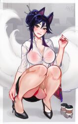 1girls ahri artist_name artist_signature black_hair facial_markings female female_only fox fox_ears fox_girl fox_tail fully_clothed heels high_heels league_of_legends licking_lips merellyne nail_polish office_lady panty_peek purse red_nail_polish red_nails revealing_clothes riot_games see-through_clothing squatting tagme upskirt vastaya yellow_eyes