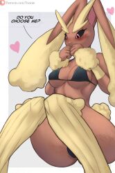 1girls 2023 2_hearts 2d anthro anthro_only anthrofied big_thighs bikini black_bikini black_bikini_top black_panties black_sclera blush bottom_heavy bunny bunny_ears bunny_girl bunny_tail dialogue ear_tuft english english_text female female_focus female_only funi_xd furry furry_female furry_only furry_tail heart hearts_around_head hi_res highres hourglass_figure large_thighs long_ears lopunny pink_eyes pokémon_(species) pokemon pokemon_(species) solo solo_female thick_thighs thighs toned toned_stomach wrist_tuft