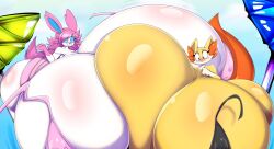 2girls ass_bigger_than_head ass_expansion beach big_ass big_breasts breast_expansion breasts_bigger_than_head duo female female_only fennekin huge_ass hyper_ass hyper_breasts multiple_girls naked nervous niki_(dofunut) nintendo nude pokémon_(species) pokemon pokemon_(species) selene_(itsawulf) sylveon thiccbuns underass wardrobe_malfunction worried