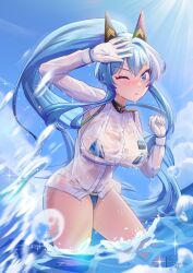 1girls absurd_res alternate_costume arms_up bikini bikini_bottom blue_bikini blue_eyes blue_hair blush female female_only gloves goddess_of_victory:_nikke hair_ornament helm_(aquamarine)_(nikke) helm_(nikke) lawliet_liaw long_hair looking_at_viewer micro_bikini military_jacket military_uniform ocean official_alternate_costume one_eye_closed ponytail see-through_clothing sky solo splashing thighs water wet wet_body wet_clothes wet_skin