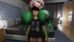 1boy 1girls artist_request bedroom between_breasts big_breasts bigger_female bottomless boy breasts character_request clothing dendrophilia erection female indoors long_tongue male mario_(series) nipples penis piranha_plant smaller_male standing tongue_out