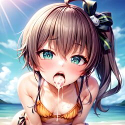 1girls ai_generated bikini brown_hair cleavage cum cum_in_mouth cum_on_breasts hi_res hololive kneeling looking_at_viewer natsuiro_matsuri open_mouth side_ponytail small_breasts stable_diffusion virtual_youtuber