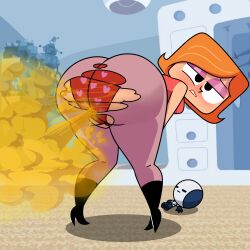 ass bent_over black_heels blush cartoon_network crop_top debbie_turnbull exposed exposed_ass fart fart_cloud fart_fetish farting ginger ginger_hair heart_panties heels huge_ass light-skinned_female light_skin orange_hair panties pants pink_panties red_crop_top ripped_clothing ripped_pants robotboy robotboy_(character) solo thomzone wardrobe_malfunction