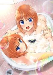 2girls abo_(hechouchou) ass bath bathing bathtub blue_eyes blush breasts bubble bubble_bath claw_foot_bathtub clone elpeo_ple gundam gundam_zz interlocked_fingers looking_at_viewer multiple_girls nude open_mouth orange_hair ple_two qubeley qubeley_mk_ii short_hair small_breasts smile