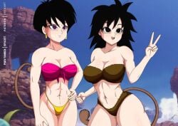 2girls abs anime big_breasts bikini black_hair breasts bryaxrt dragon_ball dragon_ball_z gine hand_on_hip light-skinned_female light_skin manga milf mother muscular muscular_female peace_sign saiyan saiyan_girl saiyan_tail seripa short_hair