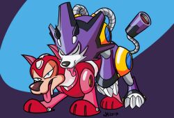 anal_sex canid canine canis capcom couple_(romantic) domestic_dog feral furry gay male male/male male_only mega_man mega_man(classic) pink_tongue robot rush_(mega_man) treble_(mega_man) wolf