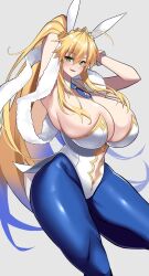 1girls ahoge animal_ears armpits arms_behind_head arms_up artoria_pendragon artoria_pendragon_(lancer) artoria_pendragon_(swimsuit_ruler) blonde_hair blue_pantyhose breasts cleavage clothing_cutout curvy detached_collar eyebrows_hidden_by_hair fake_animal_ears fate/grand_order fate_(series) green_eyes hair_between_eyes highleg highleg_leotard huge_breasts imuzi leotard long_hair navel navel_cutout pantyhose ponytail revealing_clothes simple_background solo thick_thighs thighs tiara tight_clothing white_leotard wide_hips wrist_cuffs