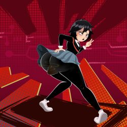 1girls ass big_ass black_hair blue_background blush female light-skinned_female marvel onomatopoeia peace_sign peni_parker scat school_uniform skirt soiling soiling_clothing solo spider-man:_into_the_spider-verse spider-man_(series) thomzone