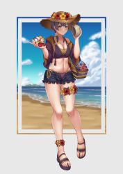1girls alternate_costume beach bernadetta_von_varley bikini breasts cleavage detailed_background female female_only fire_emblem fire_emblem:_three_houses grey_eyes hat highres light-skinned_female light_skin looking_at_viewer medium_breasts navel nintendo ocean outdoors post-timeskip purple_bikini purple_hair purple_swimsuit sand sandals shell shorts smile solo swimsuit tlayoli
