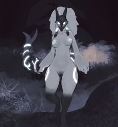 anthro black_pussy bovid bow_(feature) breasts caprine duckerzzart female forest forest_background fur genitals glowing glowing_eyes glowing_markings glowing_nipples hi_res hooves kindred lamb_(league_of_legends) league_of_legends looking_at_viewer mammal markings mask nature nature_background nipples plant pussy riot_games sheep solo tree white_body white_fur