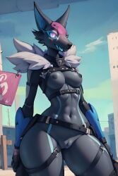 1girls 2023 ai_generated anthro belt big_breasts black_body black_nose black_skin blue_mouth blue_sclera blue_stripes canid canine canis dark_skin detailed_background epic_games eyelashes female fortnite furry furry_only highwire_(fortnite) looking_at_viewer mammal open_mouth pack_leader_highwire pink_eyes pussy r-mk_style solo white_fur wolf wolf_ears wolf_girl