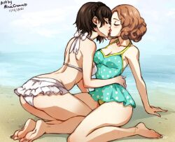 2girls beach bikini bikini_skirt breasts brown_hair closed_eyes clouds crown_braid hand_on_another's_hip haru_okumura kissing kissing kneeling large_breasts makoto_niijima minacream ocean outside persona persona_5 polka_dot_bikini polka_dot_swimsuit short_hair sky swimsuit swimsuit_skirt water white_bikini white_swimsuit yuri