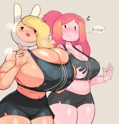 2girls adventure_time alternate_breast_size big_breasts bikini_top blonde_hair blush breast_envy breast_size_difference breasts bulumble-bee bursting_breasts cartoon_network fionna_campbell fionna_the_human_girl gigantic_breasts huge_breasts medium_support_(meme) pink_body pink_hair pink_skin princess_bubblegum steam sweat thick_thighs thought_bubble