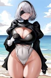 ai_generated beach black_legwear cameltoe charlottes_lewds cleavage huge_ass huge_breasts huge_butt nier:_automata smiling swimsuit voluptuous water white_hair wide_hips yorha_2b