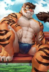 2022 abs anthro arm_on_thigh artist_name biceps blue_clothing blue_jockstrap blue_sky blue_underwear bodily_fluids brown_hair brown_stripes claws clothed clothing cloud eyewear felid fur glasses grass green_eyes hair hi_res jockstrap jockstrap_only knee_up looking_at_viewer male male_focus male_only mammal muscular muscular_anthro muscular_male navel orange_body orange_fur pantherine pawpads pecs plant round_glasses sitting_on_bench sky smile solo striped_body striped_fur stripes sweat tiger toe_claws topless twitter_handle underwear underwear_only watermark wufrick