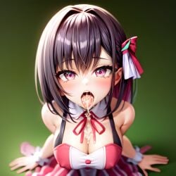 1girls ai_generated azki_(hololive) cleavage cum cum_in_mouth cum_on_breasts hi_res hololive kneeling large_breasts looking_at_viewer open_mouth stable_diffusion virtual_youtuber