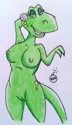 anthro dinosaur dudley_the_dinosaur huge_breasts milf reddragonkan traditional_media_(artwork) tyrannosaurus_rex vulva