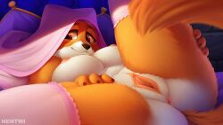 anthro bed bedroom_eyes big_breasts breasts canid canine disney female fox fox_tail furniture genitals hentwi hi_res maid_marian mammal mature_female narrowed_eyes pussy robin_hood_(disney) seductive solo spread_legs spread_pussy spreading