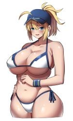 ahoge artoria_pendragon baseball_cap big_breasts bikini blonde_hair blue_eyes blue_headwear blush bra breasts cleavage collarbone curvy curvy_female curvy_figure fate/grand_order fate_(series) hair_between_eyes hair_through_headwear hat hips hourglass_figure imuzi large_breasts looking_at_viewer medium_hair micro_bikini mysterious_heroine_xx_(fate) mysterious_heroine_xx_(foreigner) navel open_mouth ponytail side-tie_bikini_bottom simple_background solo stomach sweatband swimsuit underwear white_background white_bikini wide_hips wristband