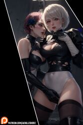 2girls ai_generated alisa_bosconovitch beauty_mark cleavage female_only fingering flower_in_hair namco nier:_automata pink_hair platinum_games short_hair silver_hair square_enix tekken yorha_2b yuri