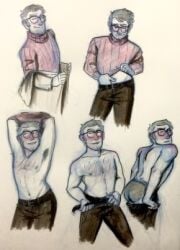 1boy abs bara belt chest_hair coat_removed disney gravity_falls grey_hair horny human looking_at_viewer lowres male male_only no_visible_genitalia older_male pants sketch_page stanford_pines stripping tagme teasing underwear undressing