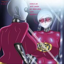 1girls big_breasts bodysuit breasts cherryartsu disney english_text female fully_clothed looking_at_mirror mirror original_character pixar text the_incredibles tight_clothing