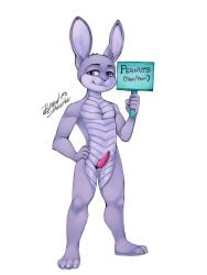 3:4 4_toes 5_fingers absurd_res animal_genitalia anthro bastionshadowpaw biped bodily_fluids claws countershade_face countershade_neck countershade_torso countershading english_text erection eyebrows feet fingers genital_fluids genital_slit genitals hi_res holding_object holding_sign hybrid lagomorph leporid lizard male mammal peanuts_(furrypeanuts) penis precum purple_eyes rabbit reptile scalie sign simple_background slit smile solo tapering_penis text toes white_background